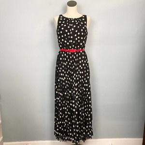 Christopher & Banks Black White Dot Accordion Pleated Maxi Dress Size 6 Red Belt